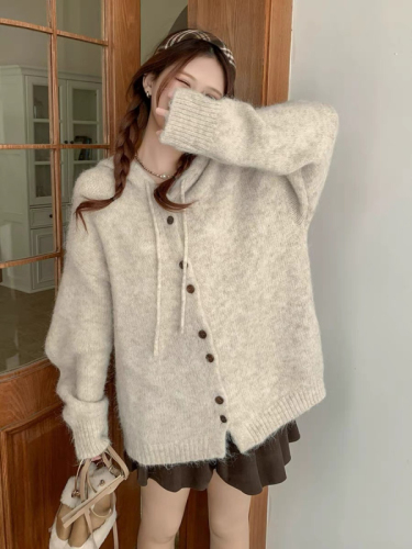 Loose and lazy style solid color hooded sweater jacket for women autumn and winter 2024 new fashion internet celebrity versatile knitted cardigan