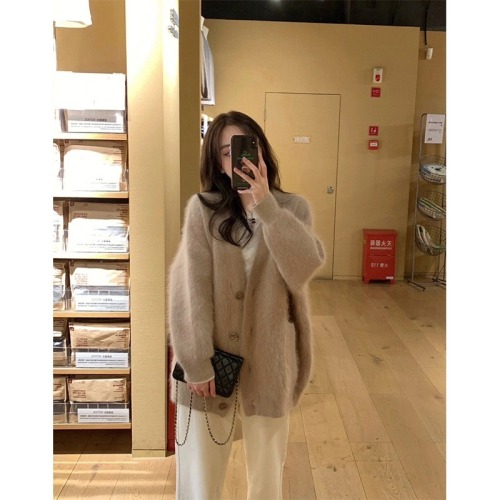 Purple mink cardigan sweater jacket for women autumn and winter new style gentle Korean style lazy mid-length knitted