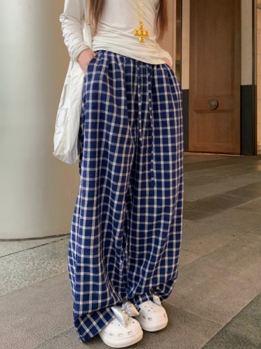 Real shot 2024 ~ Lazy style long-sleeved sloping shoulders irregular T-shirt navy wide-leg plaid pants floor-length trousers