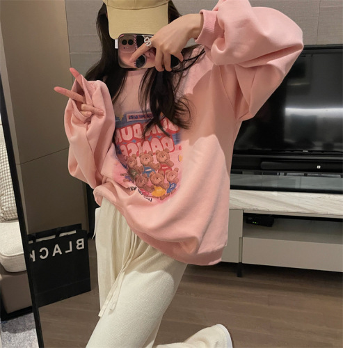 Official photo Chinese cotton composite thin 310g/plus velvet 410g autumn and winter sweatshirt for women with loose print