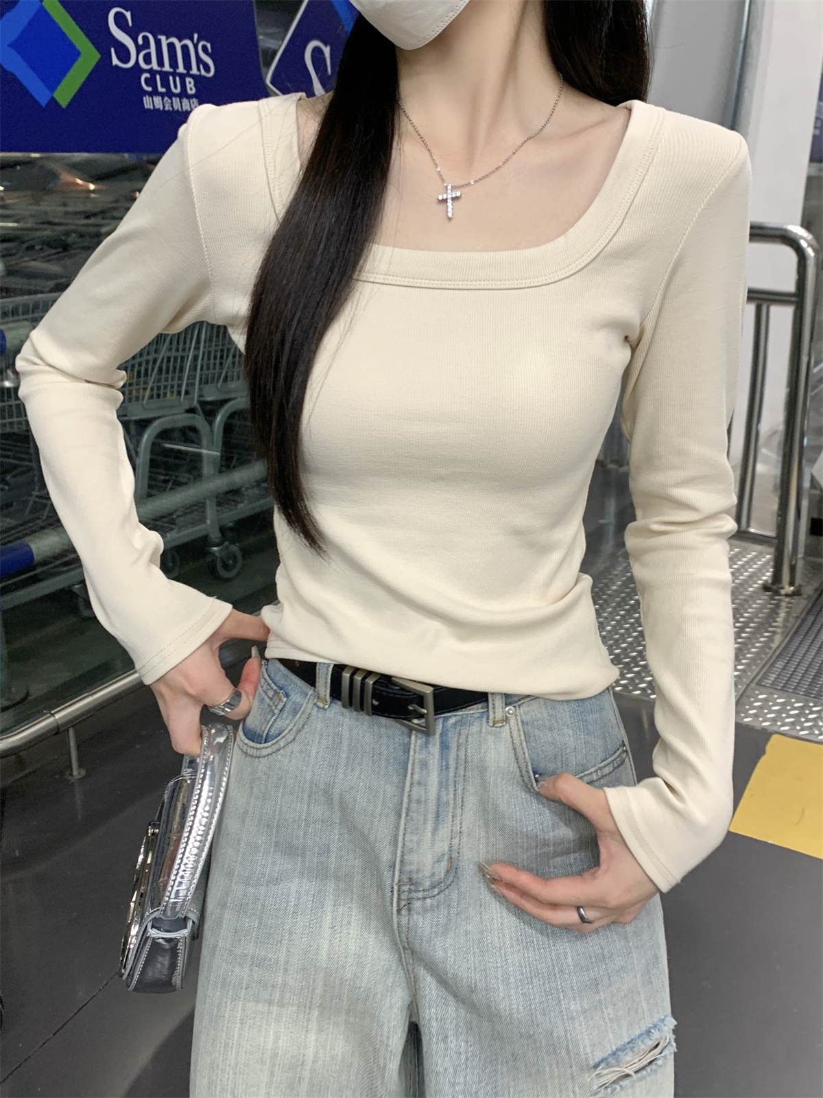 Actual shot of autumn new Korean style temperament square collar basic versatile slimming solid color inner long-sleeved T-shirt top for women