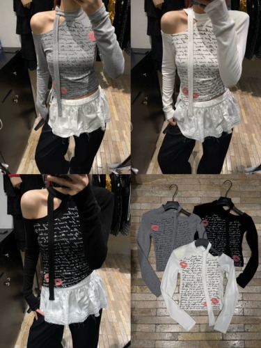 Thirteen-line FaFa genuine American hot girl letter print hollow strap long-sleeved T-shirt women's slim shoulder top