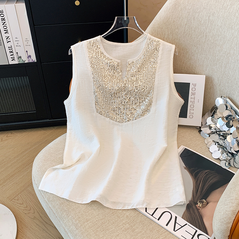 French heavy industry sequined linen vest for women early autumn design niche temperament slim V-neck cotton and linen sleeveless top