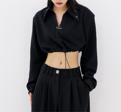 Anti-wrinkle slimming pit-bar crop top for women with niche buckle V-neck Polo long-sleeved T-shirt