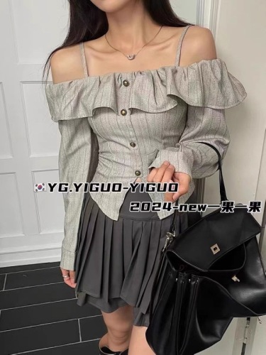 2024 autumn short style new design niche one-shoulder suspender top ruffled clavicle pure desire slimming top