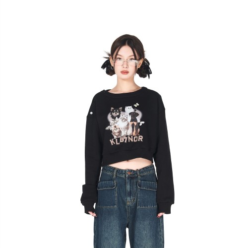 Korean~Japanese large fish scale long-sleeved sweatshirt for women in spring and autumn, versatile buttoned off-shoulder loose personalized design top