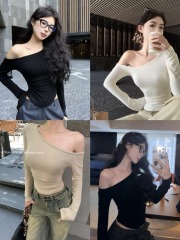 Real shot of autumn sexy hot girl style waist slimming pleated slope collar long-sleeved T-shirt women's short off-shoulder top