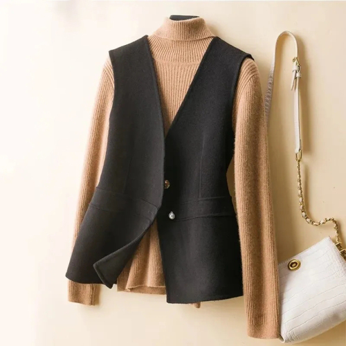 Quality Inspection Officer Picture Vest Women's Short Jacket Autumn and Winter New Slim Sleeveless Vest Vest Solid Color Woolen Jacket