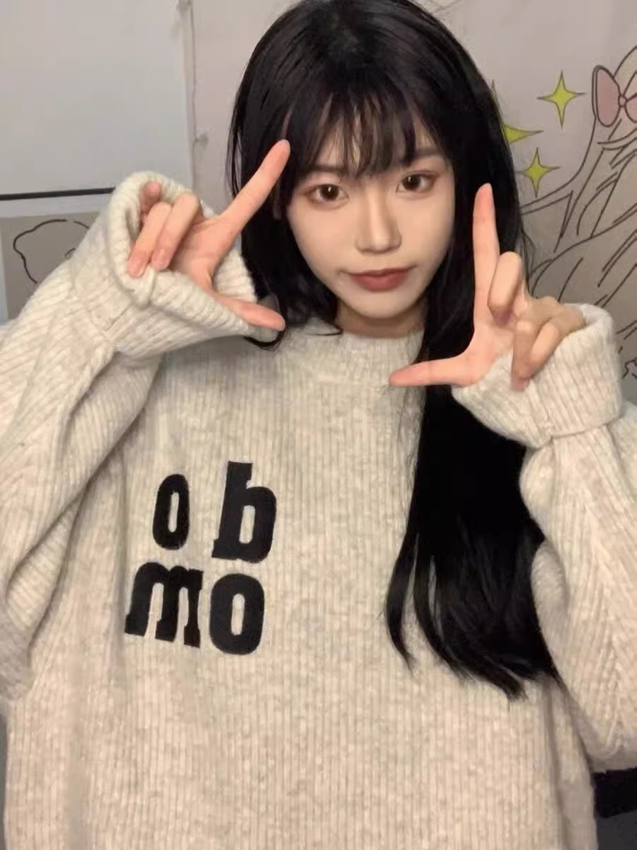 Double Gate! Yamamoto Emiri Same Style Knitted Sweater with Letter Embroidery Loose Lazy Style Collared Hoodless Spring and Autumn Women's