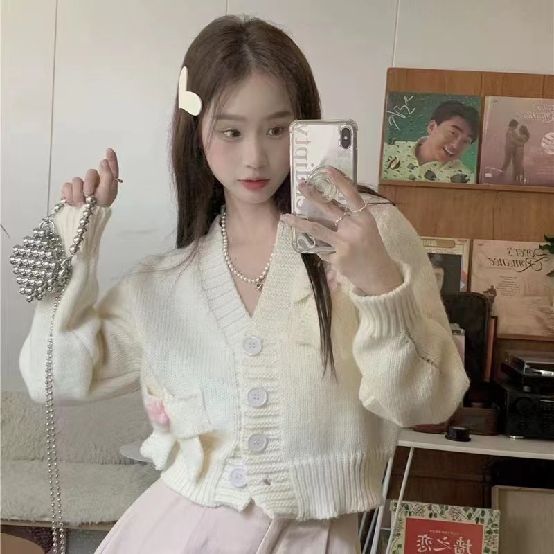 蝴蝶結v領奶fufu的短款開衫毛衣外套女秋冬寬鬆溫柔風軟糯針織衫