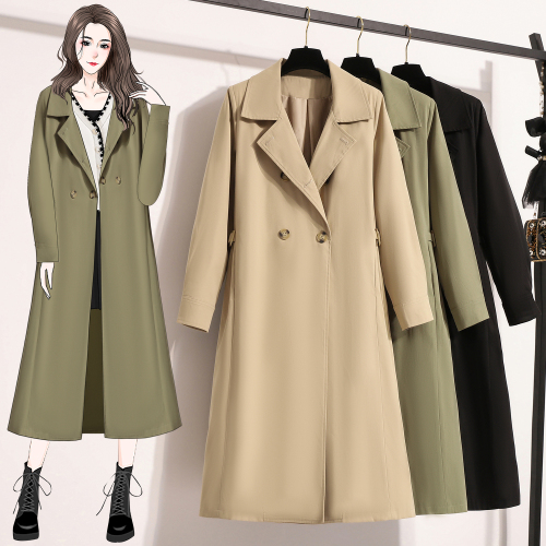 66303 Real shot of large size windbreaker coat for women, mid-length spring and autumn fat mm 200 pounds British style fashion temperament coat