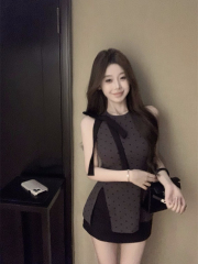 Original method Gray polka dot sleeveless vest for women summer French bow waist sweet spicy slit top