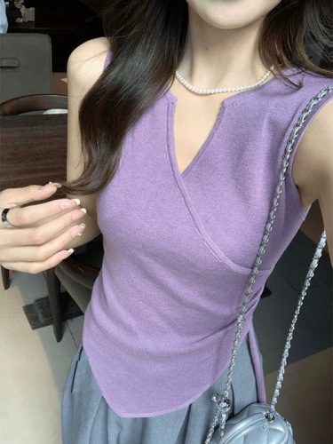 Purple ice silk knitted camisole women's summer outer wear irregular design waist slit strap sleeveless top