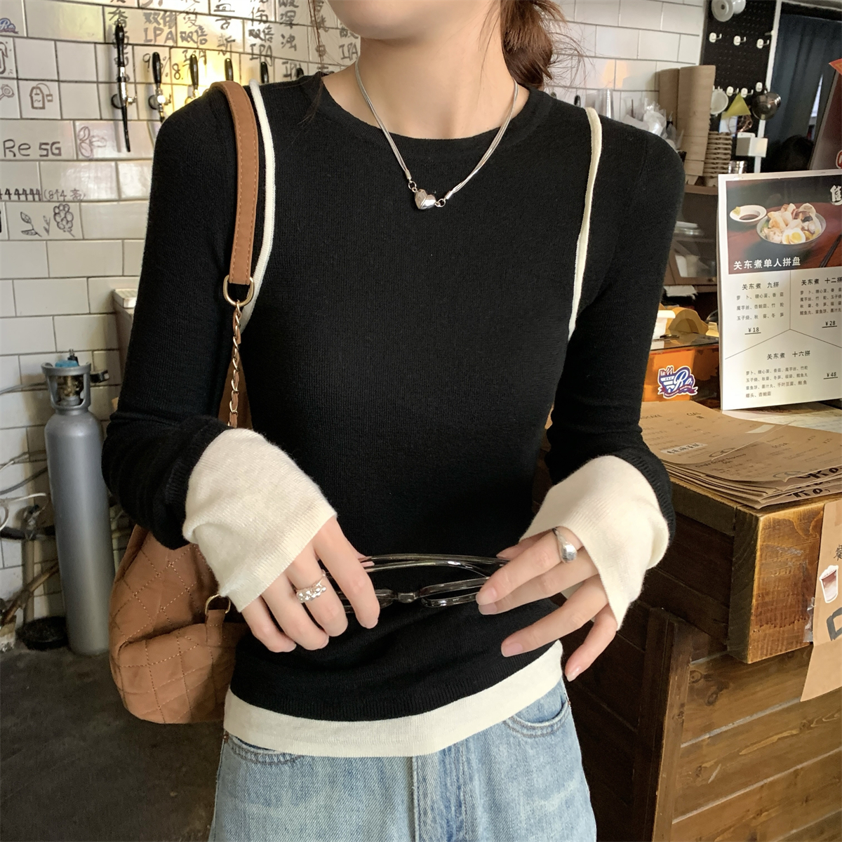 Photographed Autumn Korean-style temperament color-blocking two-piece design sweater long-sleeved top