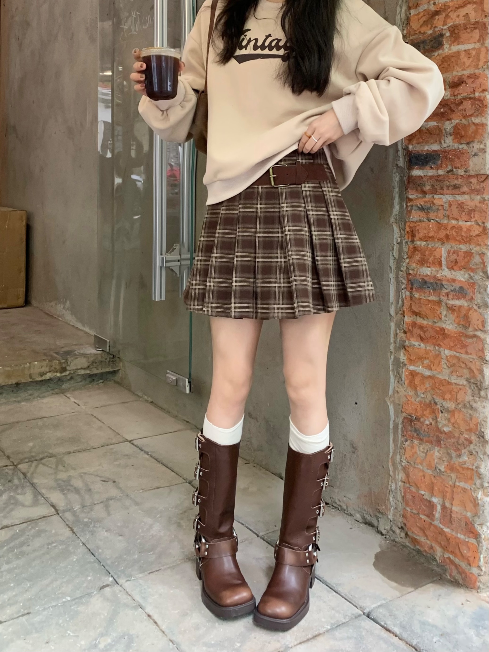 Photographed～Vintage American Check Semi-Body Skirt Women's Design A-Line V-Ruffle Skirt