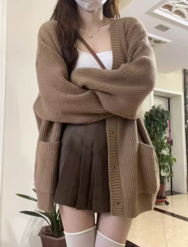 High quality!  Lazy style V-neck single-breasted sweater cardigan women's coat spring and autumn Korean style loose knitted sweater top