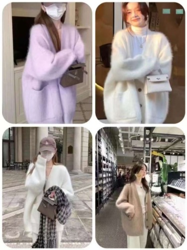 Purple mink cardigan sweater jacket for women autumn and winter new style gentle Korean style lazy mid-length knitted