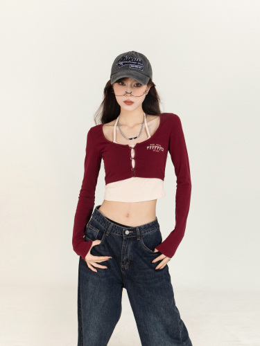 Autumn 2024 new contrast color fake two-piece long-sleeved T-shirt for women spring and summer design navel-baring short style