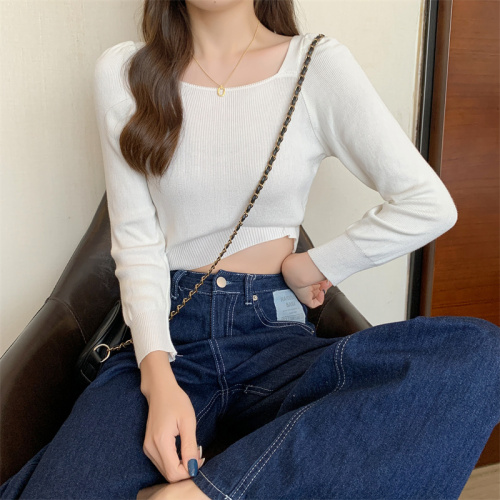 Real shot of Hong Kong style square collar slim solid color knitted long-sleeved bottoming shirt, spring and autumn trendy top