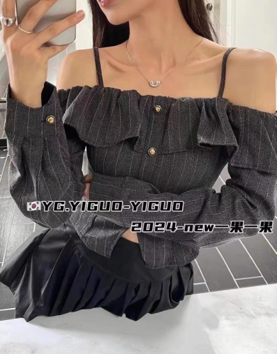 2024 autumn short style new design niche one-shoulder suspender top ruffled clavicle pure desire slimming top