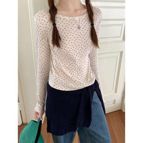 Real shot 2024 floral bottoming top bm style round neck lace basic versatile casual long-sleeved bottoming shirt T-shirt