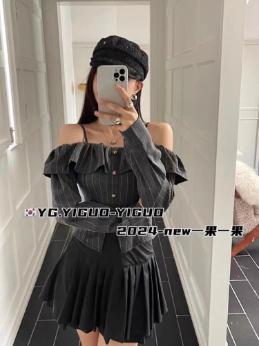 2024 autumn short style new design niche one-shoulder suspender top ruffled clavicle pure desire slimming top