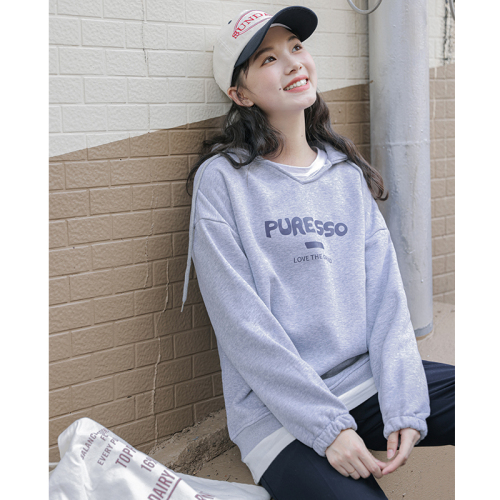 Actual shot of new gray V-neck sweatshirt for women 2024 autumn hooded loose simple letter top trendy ins