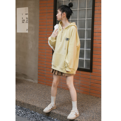 Real shot of simple letter loose hooded sweatshirt for women autumn and winter coat hoodie oversize trendy lazy versatile top