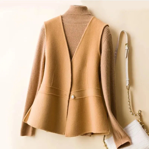 Quality Inspection Officer Picture Vest Women's Short Jacket Autumn and Winter New Slim Sleeveless Vest Vest Solid Color Woolen Jacket