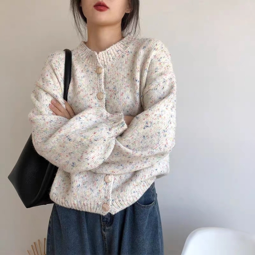 Korean Color Dot Sweater Cardigan Women's 2024 Spring and Autumn Floral Thread Loose Lazy Style Korean Style Soft Waxy Round Neck Knitted Jacket