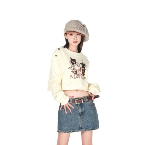 Korean~Japanese large fish scale long-sleeved sweatshirt for women in spring and autumn, versatile buttoned off-shoulder loose personalized design top