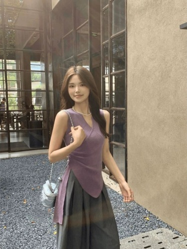 Purple ice silk knitted camisole women's summer outer wear irregular design waist slit strap sleeveless top