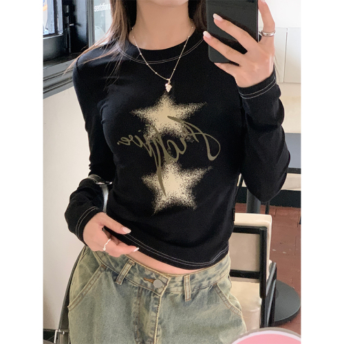 Actual shot of early autumn Millennial hottie style star printed long-sleeved T-shirt women's slim stretch inner bottoming shirt top