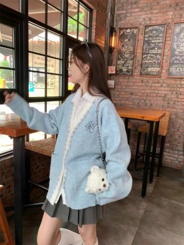 Autumn blue v-neck small fragrant knitted cardigan for women in spring and autumn lazy style loose sweater jacket outer top