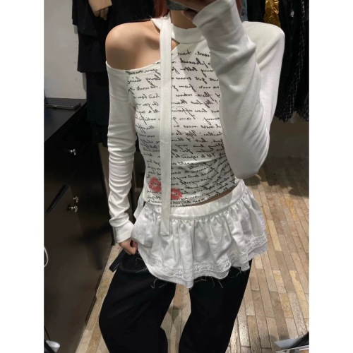 Thirteen-line FaFa genuine American hot girl letter print hollow strap long-sleeved T-shirt women's slim shoulder top