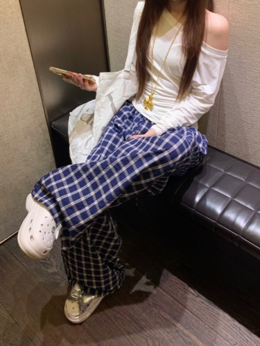 Real shot 2024 ~ Lazy style long-sleeved sloping shoulders irregular T-shirt navy wide-leg plaid pants floor-length trousers