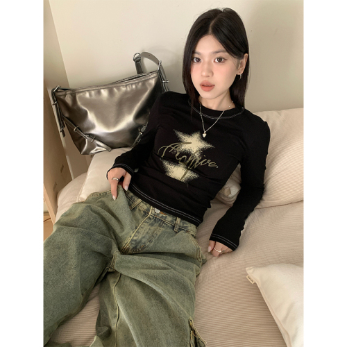 Actual shot of early autumn Millennial hottie style star printed long-sleeved T-shirt women's slim stretch inner bottoming shirt top