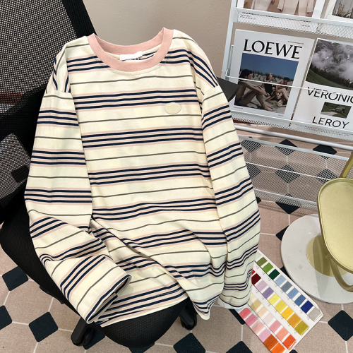 Real shot 230g striped bottoming shirt for women 2024 spring and autumn round neck embroidered long-sleeved T-shirt thin tops plus size women's clothing