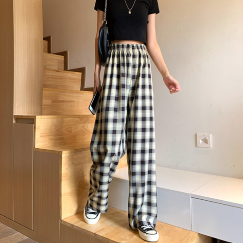 Plaid casual pants for women, spring and autumn Korean style ins trendy slim straight-cut loose and fashionable wide-leg pants