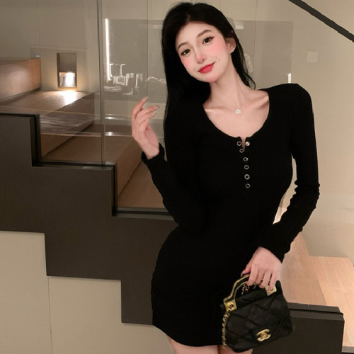 Spring long-sleeved knitted dress for women, drawstring strap inner skirt, sexy waistband hip skirt