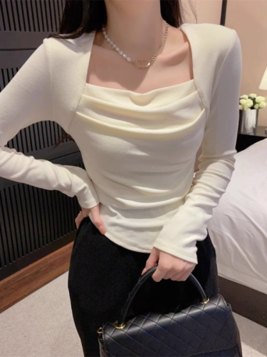 260g free-cut pure desire square collar pleated clavicle slim bottoming shirt top for women spring and autumn long-sleeved T-shirt trendy