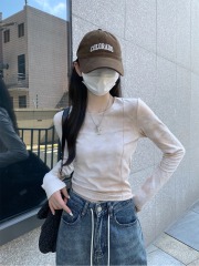 Actual shot of 2024 autumn Korean style slim round neck tie-dye hot girl design pure cotton inner long-sleeved T-shirt top