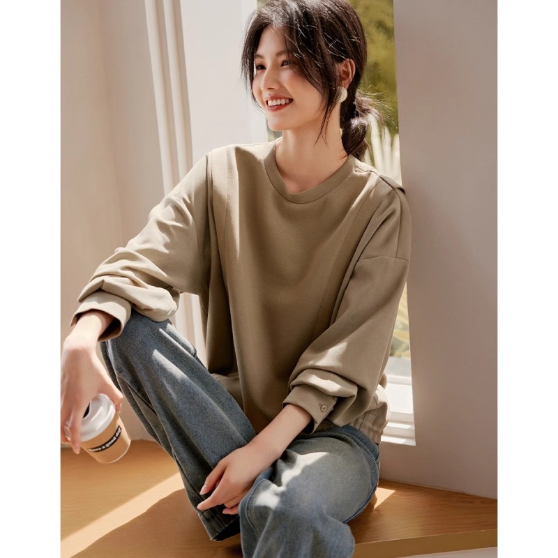 2024 brushed three-dimensional stitching sweatshirt for women autumn new style hem adjustable pleated loose slimming top