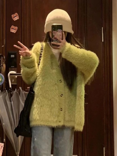 Lazy style v-neck long-sleeved sweater for women autumn and winter new style gentle green mink fur high-end cardigan jacket