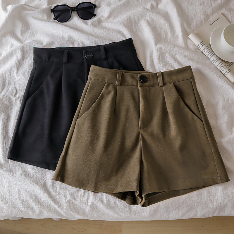 Black woolen casual suit pants for women in autumn and winter for small people, straight boot shorts, slimming high-waisted A-line wide-leg pants