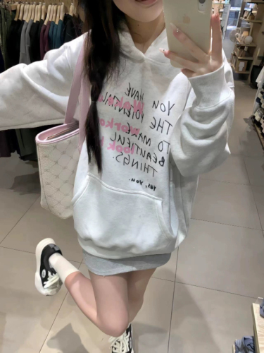 American retro white and gray hooded sweatshirt for women early autumn 2024 new oversize loose lazy style jacket