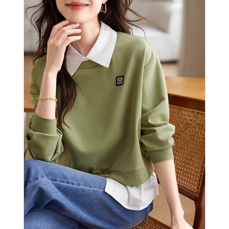 Casual fake two-piece sweatshirt 2024 autumn new style simple smiley face embroidery versatile textured top for women