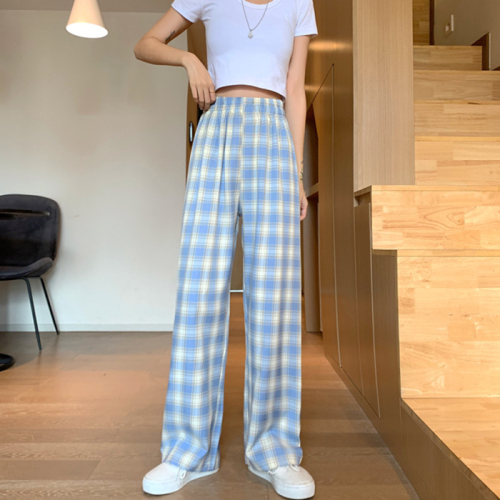 Plaid casual pants for women, spring and autumn Korean style ins trendy slim straight-cut loose and fashionable wide-leg pants