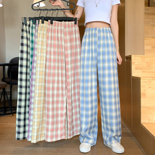 Plaid casual pants for women, spring and autumn Korean style ins trendy slim straight-cut loose and fashionable wide-leg pants