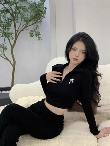 Ice silk thread black hot girl v-neck long-sleeved bottoming shirt autumn slim fit inner short top